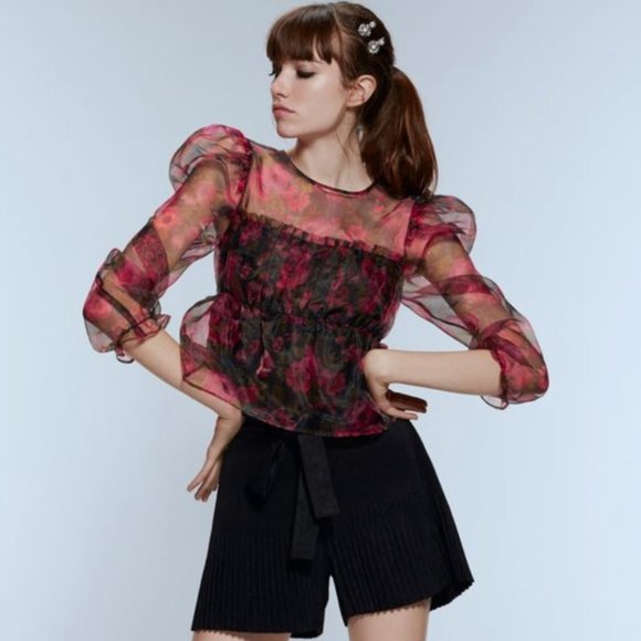 Zara Tops Zara Blogger Fav Floral Organza Puff Sleeve Top Poshmark